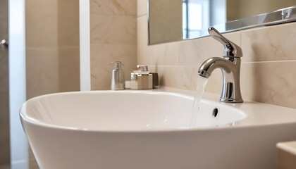 Fototapeta premium Luxury one faucet in a bathroom closeup view