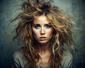 Fototapeta premium Portrait of a woman with a tousled bedhead hairstyle, capturing a relaxed and messy look.