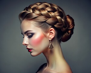 Fototapeta premium Portrait of a woman with a sleek braided updo hairstyle, showcasing a polished and braided updo.