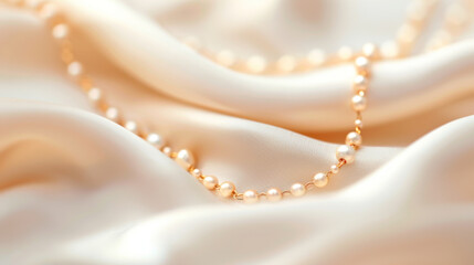 Elegant pearl necklace delicately laid on soft beige fabric, highlighting the luxurious and timeless design.