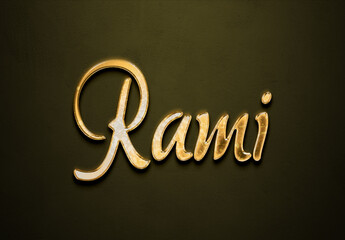 Old gold text effect of Arabic name Rami with 3D glossy style Mockup.