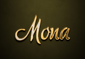 Old gold text effect of Arabic name Mona with 3D glossy style Mockup.