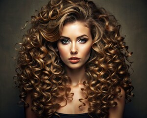 Fototapeta premium Studio portrait of a woman with a voluminous curly hairstyle, highlighting natural curls.
