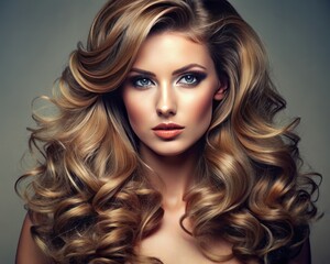 Fototapeta premium Close-up of a woman with a voluminous layered hairstyle, emphasizing volume and layers.