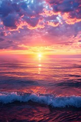 Vibrant sunset over calm ocean, sky painted in brilliant shades of orange, pink