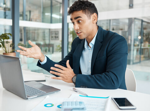 Discussion, businessman and video call with laptop at desk for project, planning and stock market. Financial advisor, hands and consultation for career, networking and tech for virtual meeting