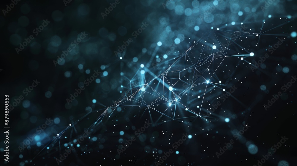 Poster an abstract depiction of a neural network with interconnected nodes and lines, illuminated with a vi