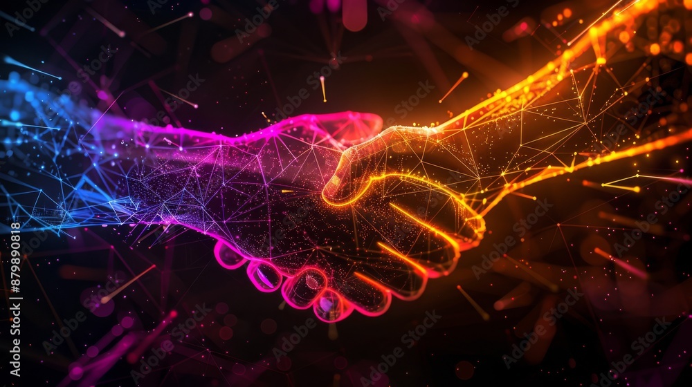 Poster conceptual representation of digital handshake signifying connection, unity, and futuristic technolo