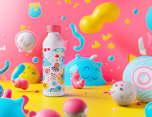 Obraz premium Playful Plastic Bottle Mockup for Children's Products with Colorful Design – Whimsical and Fun Packaging Ideal for Kids' Brands