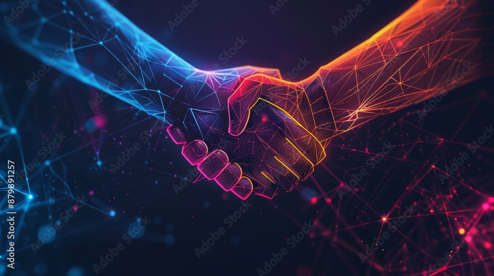 Poster a digital representation of a handshake symbolizing advanced ai and human collaboration in technolog
