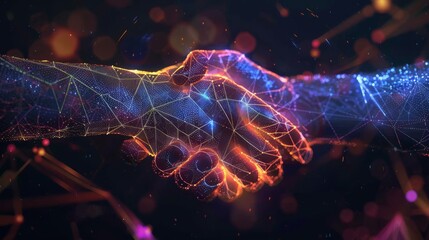 The digital handshake symbolizes future collaboration and technological partnership in a modern and innovative way