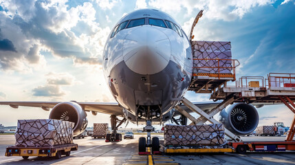 Wide body airplane being loaded with cargo at airport