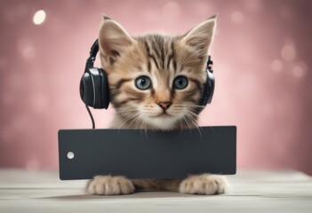 empty olated board white adset kitten phone peeking call center pet animal domestic cat earphones support up high baby background banner behind blank card cardboard care concept