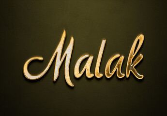 Old gold text effect of Arabic name Malak with 3D glossy style Mockup.