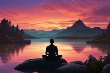 Meditating figure silhouetted against a colorful twilight sunset sky, perched on a rock