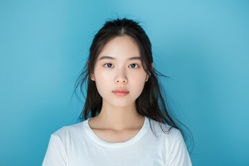 Fototapeta premium Portrait of lovely young asian american girl look empty space wear shirt isolated on blue color background