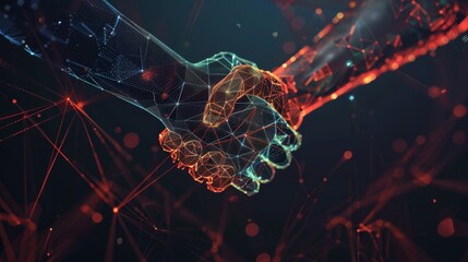 The digital handshake symbolizes future collaboration and technological partnership in a modern and innovative way