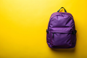 Fototapeta premium A purple backpack is on a yellow background. The backpack is the main focus of the image. The yellow background creates a bright and cheerful atmosphere