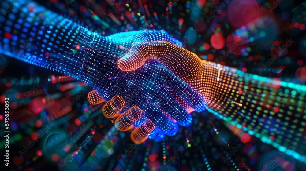 Poster digital handshake symbolizing futuristic technology, connections, and blockchain networks in abstrac