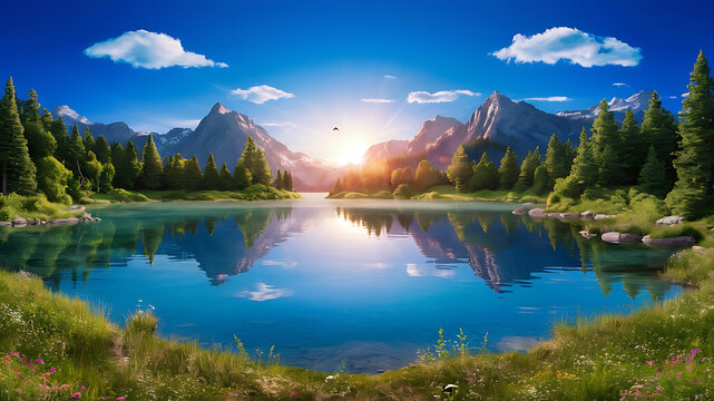 Golden Sunset over Clear Lake and Majestic Mountains - Ai Generative