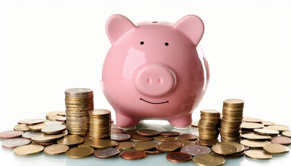 Pink Piggy Bank with Coins on White Background. Money economy and investment