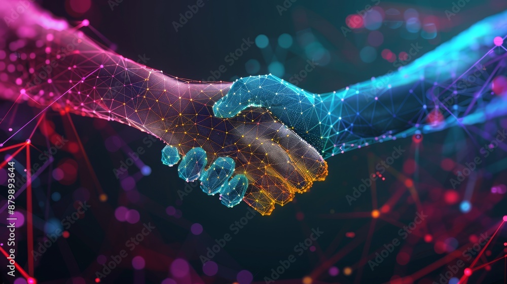 Poster depiction of abstract network particles in a digital handshake, symbolizing technology and connectio