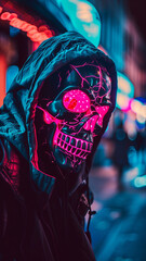 Killer wearing neon pink skull mask.generative ai