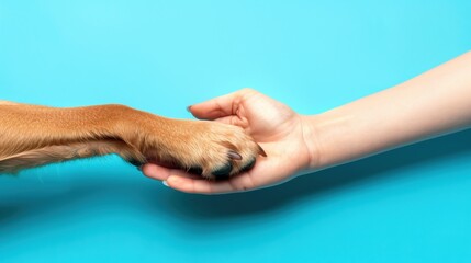 Dog paw and human hand are doing a handshake isolated on a bright vibrant blue background. Creative animal or dog shelter concept. Minimal banner for animal friendship advertisement with copy space.