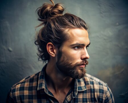 Portrait of a man with a messy bun hairstyle, capturing a relaxed and casual appearance.