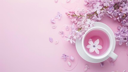 Obraz premium Elegant flat lay with lilac flowers and a white cup in infused water on pink background Spa theme