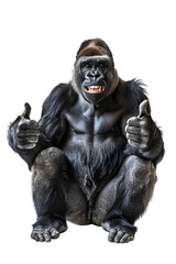 Fototapeta premium Funny gorilla sitting and showing thumbs up isolated on transparent background, PNG, cutout