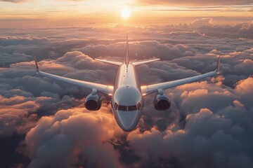 Shot of a white Boeing airplane flying above the clouds. Generative AI