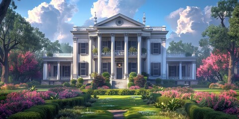 A regal Southern plantation house, with its grand columns, sweeping verandas, and lush gardens, captures the romance and history of the antebellum South