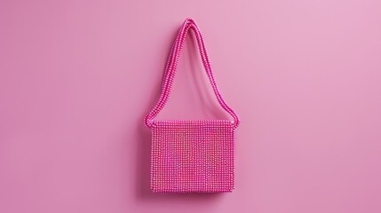 Handmade square bead bag on pink banner