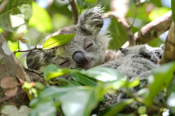 Fototapeta premium Sleeping Koala Bear Cub In Australian Rainforest Canopy