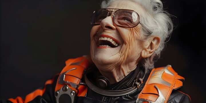 Eccentric elderly woman in futuristic battle attire laughing manically. Concept Character Portraits, Futuristic Fashion, Eccentric Style, Elderly Model, Maniacal Laughter
