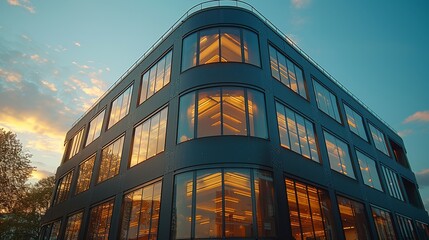Fototapeta premium Glass office building at twilight with innovative design and elegant interiors, creating a minimalist atmosphere