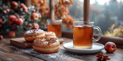 Apple cider and donuts for Apple Cider Day, November 18th, autumn treats, warm beverages, cozy setup
