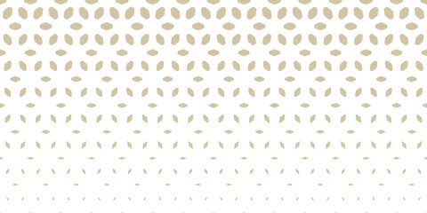 Vector halftone texture. Horizontally seamless pattern. Gold and white border with gradient transition effect. Minimalist geometric background with floral shapes, leaves, diamonds. Abstract geo design