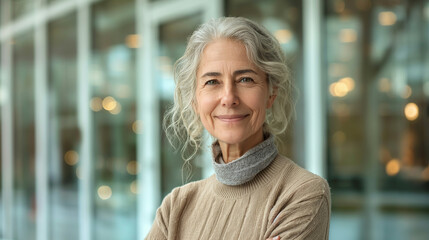 Fototapeta premium A telephoto angle photo of an older woman with a confident smile, standing in front of a glass office building, exuding professionalism and success, with copy space