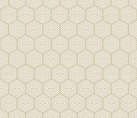 Vector golden abstract geometric pattern with hexagon shapes, circles, curved lines, stripes, waves, grid. Simple geometrical gold and white texture. Stylish modern background. Repeated luxury design