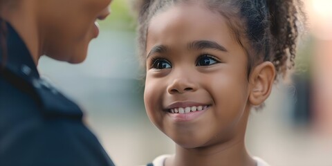 Female police officer engages in conversation with a young girl in the community. Concept Community Policing, Positive Interactions, Female Empowerment, Trust Building, Youth Engagement