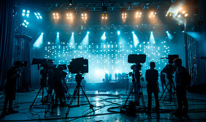 A camera crew films a performance on a stage with blue lights