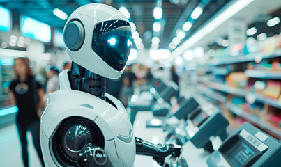 A white robot assistant stands at a checkout counter in a modern grocery store, working alongside other customers