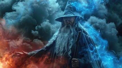 Elderly wizard with a long white beard, wearing a pointed hat and a cloak, standing in a dramatic pose with his right hand extended