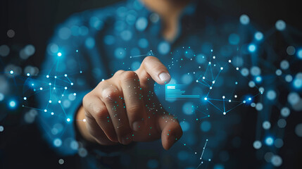Online SEO SEM SMM digital marketing. A businessman hits a button on the screen.