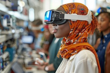 A woman wearing a colorful scarf stands in front of a computer monitor