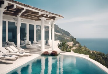 Obraz premium home lifestyle view blue villa poolside breathtaking swimmingpool sea hillside tranquility white vistas luxury beautiful