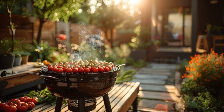 Barbecue setup in the backyard for National Barbecue Day, August 3rd, grilling food, summer ambiance, festive decorations