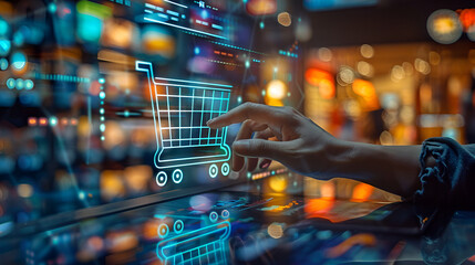 Concept of digital online marketing and commerce sales. Woman using m-banking, omni channel, tablet payments, online shopping, and icon customer network connection on holographic virtual screen